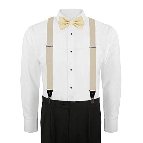 Men's 3 Piece Suspender Set - Includes Suspenders, Matching Bow Tie, Pocket Hanky and Gift Box - Cream