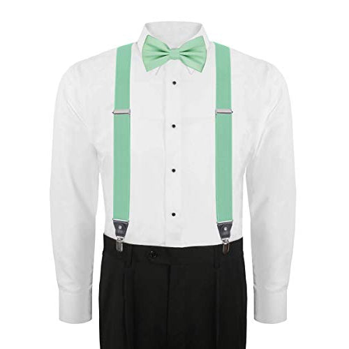 Men's 3 Piece Suspender Set - Includes Suspenders, Matching Bow Tie, Pocket Hanky and Gift Box - Spearmint