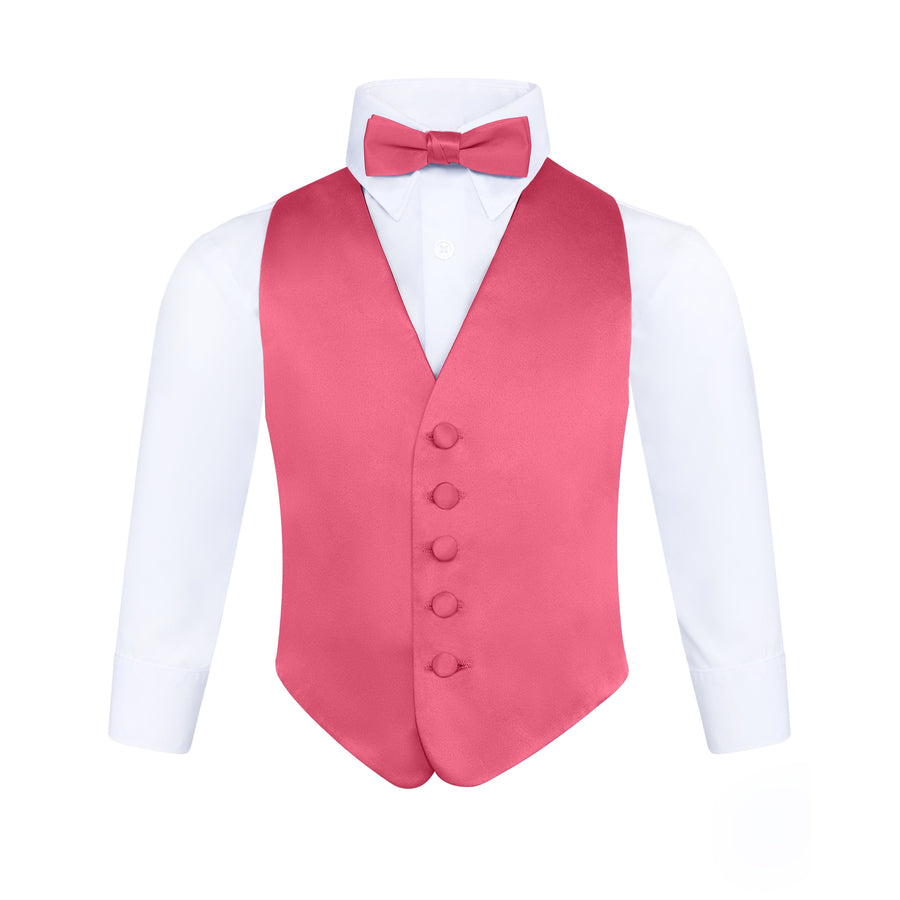 Boys 3 Piece Backless Formal Vest Set - Includes Vest, Bow Tie, Pocket Square for Tuxedo or Suit - Fuchsia