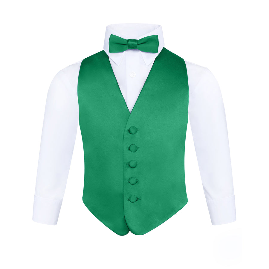 Boys 3 Piece Backless Formal Vest Set - Includes Vest, Bow Tie, Pocket Square for Tuxedo or Suit - Kelly Green