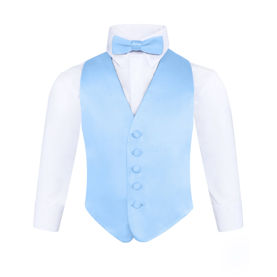 Boys 3 Piece Backless Formal Vest Set - Includes Vest, Bow Tie, Pocket Square for Tuxedo or Suit - Light Blue