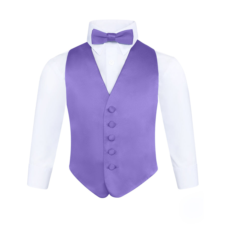 Boys 3 Piece Backless Formal Vest Set - Includes Vest, Bow Tie, Pocket Square for Tuxedo or Suit - Purple