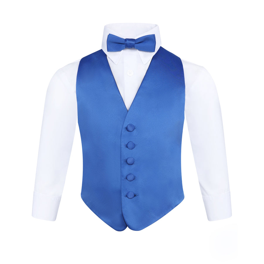 Boys 3 Piece Backless Formal Vest Set - Includes Vest, Bow Tie, Pocket Square for Tuxedo or Suit - Royal Blue