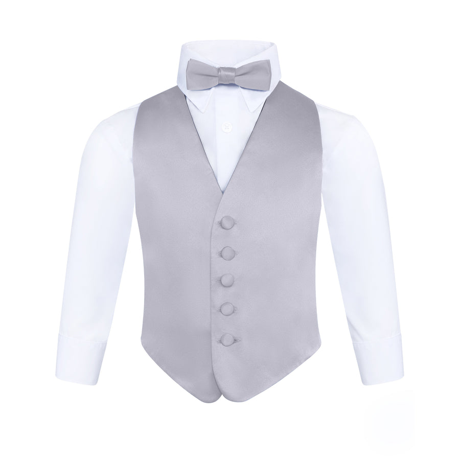 Boys 3 Piece Backless Formal Vest Set - Includes Vest, Bow Tie, Pocket Square for Tuxedo or Suit - Silver