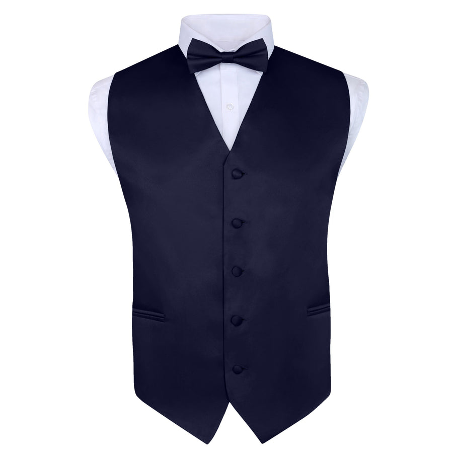 Men's Navy 4 Piece Vest Set, with Bow Tie, Neck Tie & Pocket Hankie