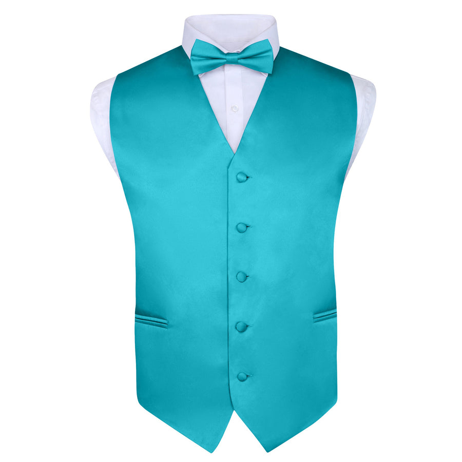 Men's Teal 4 Piece Vest Set, with Bow Tie, Neck Tie & Pocket Hankie