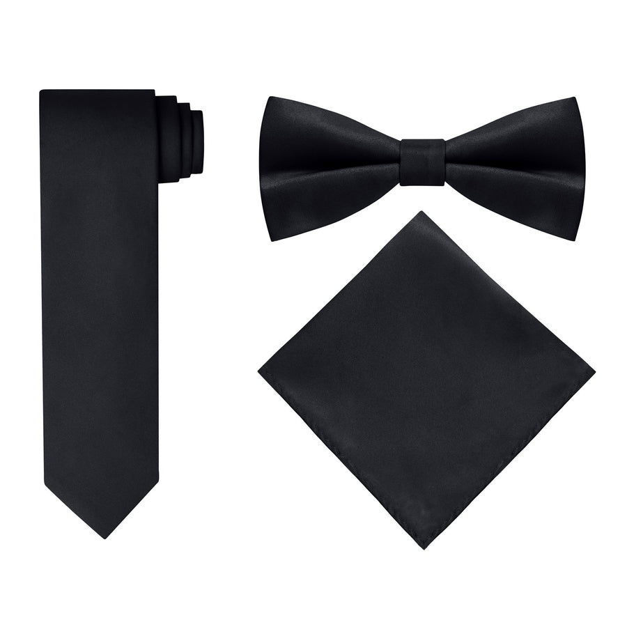 Men's Black 4 Piece Vest Set, with Bow Tie, Neck Tie & Pocket Hankie