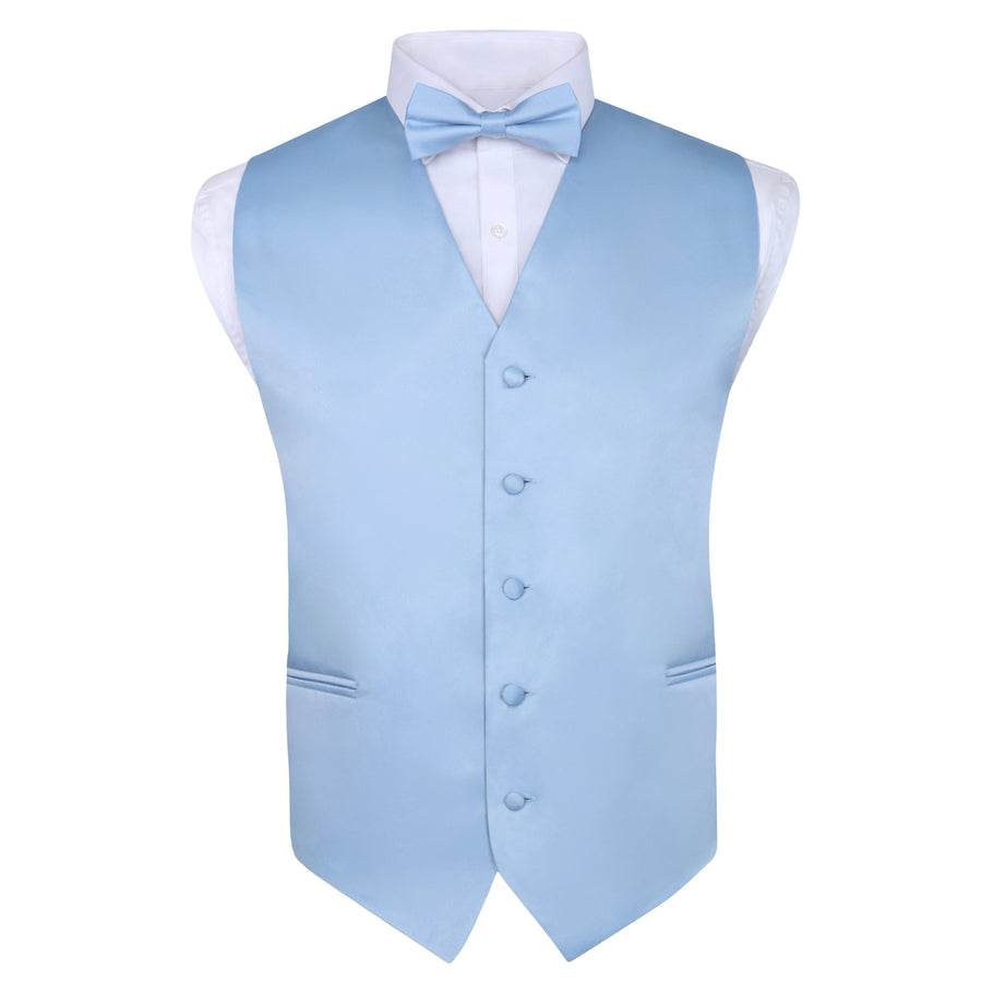 Men's Light Blue 4 Piece Vest Set, with Bow Tie, Neck Tie & Pocket Hankie