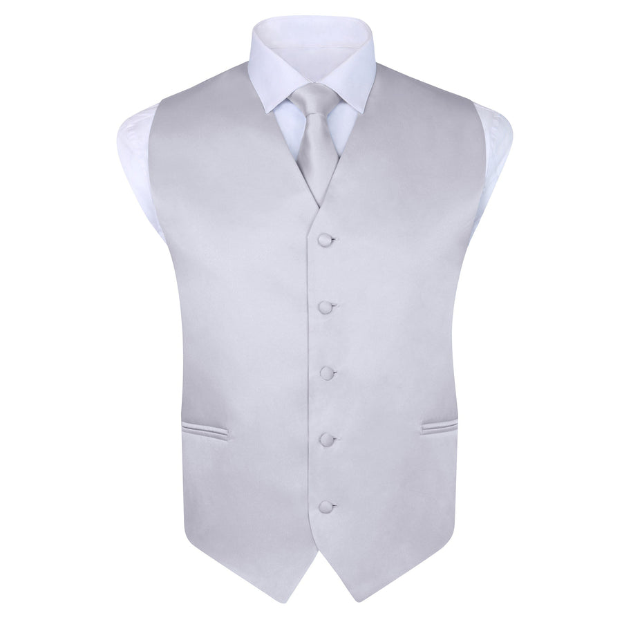 Men's Silver 4 Piece Vest Set, with Bow Tie, Neck Tie & Pocket Hankie