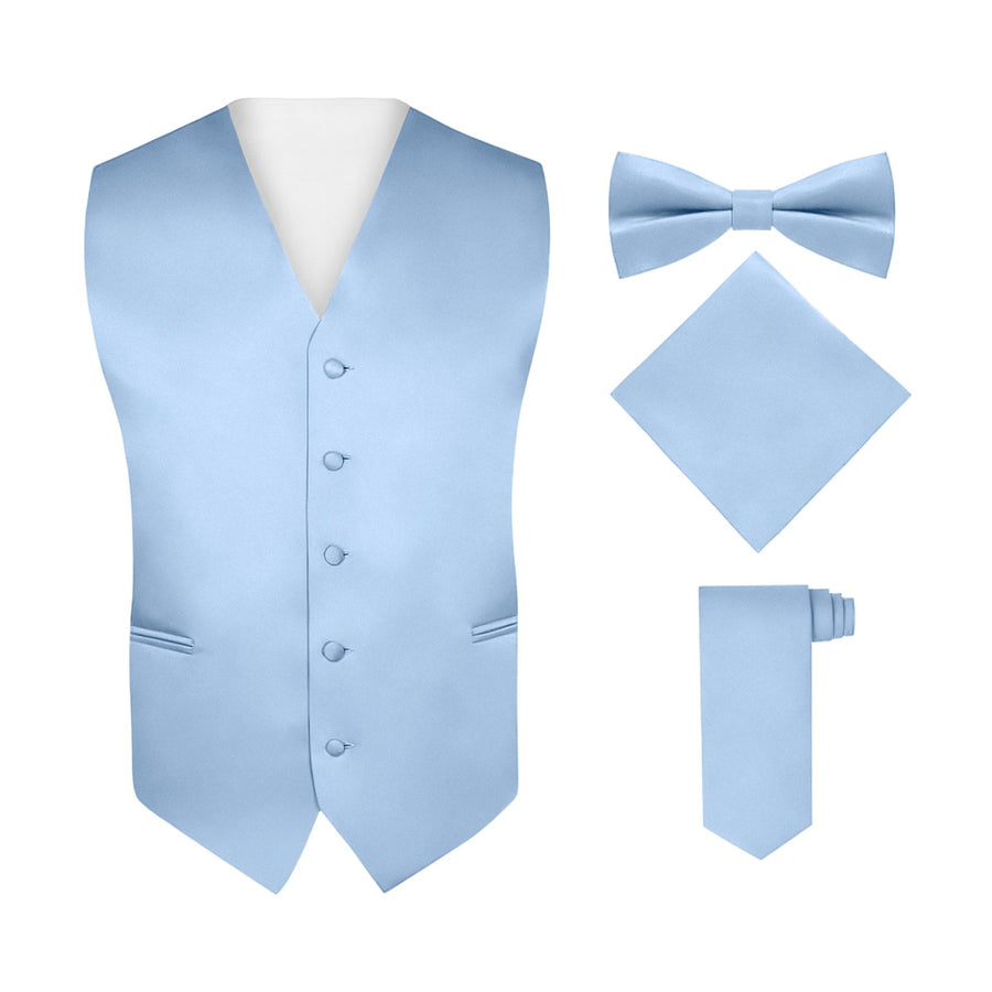 Men's Light Blue 4 Piece Vest Set, with Bow Tie, Neck Tie & Pocket Hankie