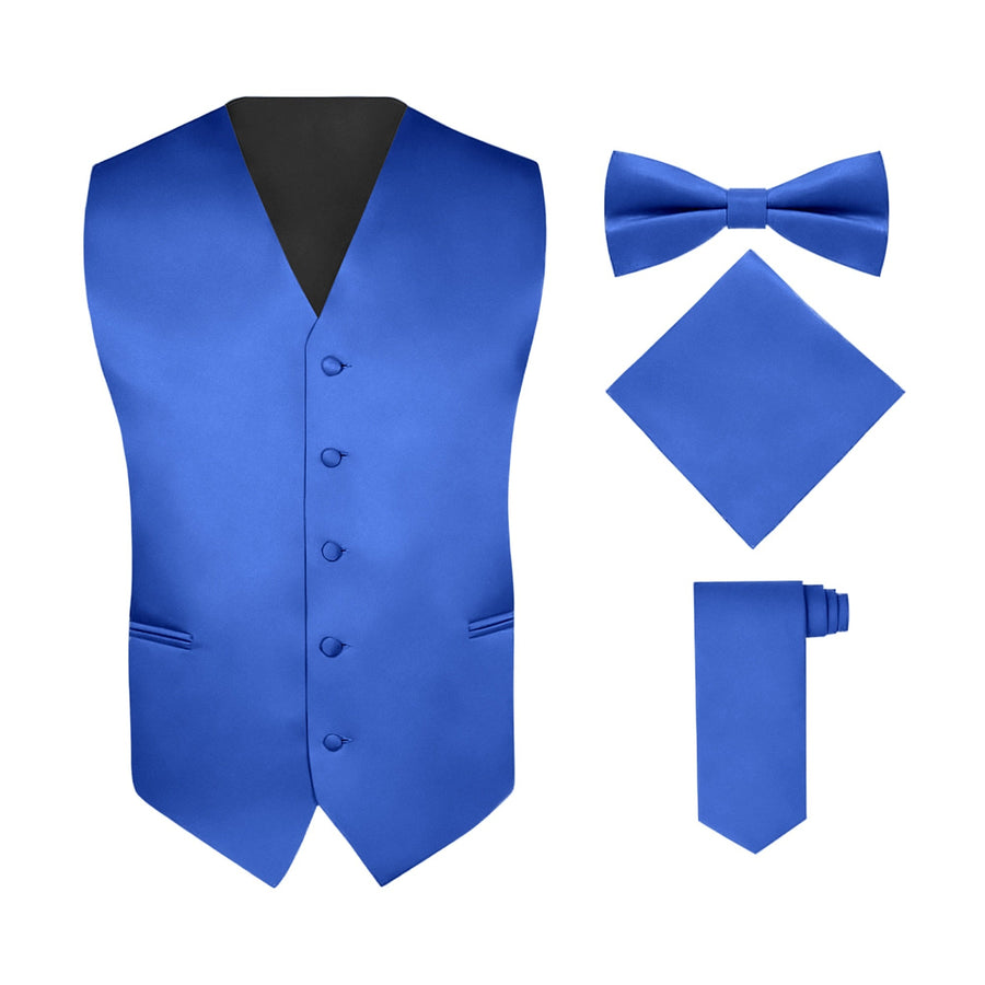 Men's Royal Blue 4 Piece Vest Set, with Bow Tie, Neck Tie & Pocket Hankie