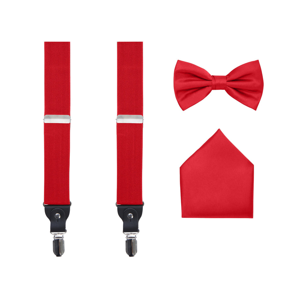 Men's 3 Piece Suspender Set - Includes Suspenders, Matching Bow Tie, Pocket Hanky and Gift Box - Red