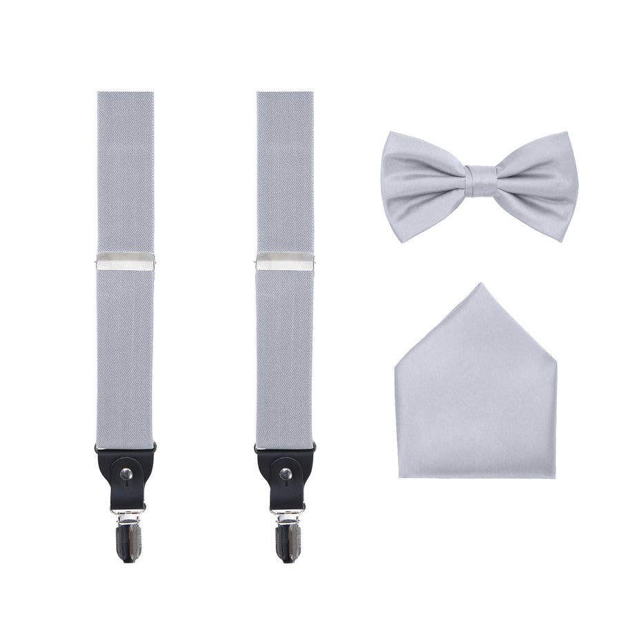 Men's 3 Piece Suspender Set - Includes Suspenders, Matching Bow Tie, Pocket Hanky and Gift Box - Silver