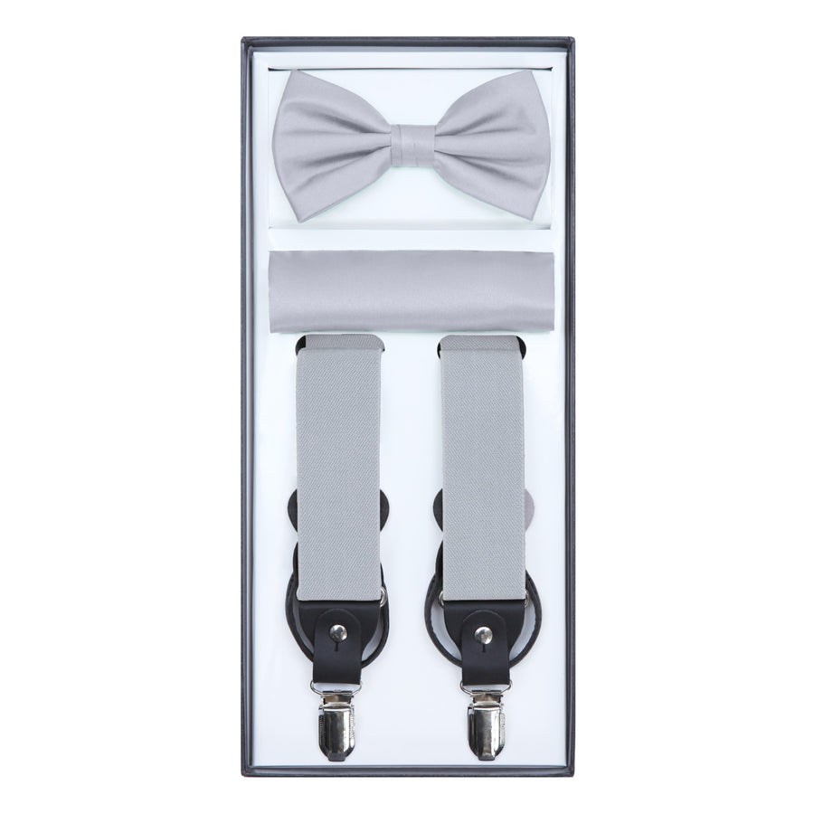 Men's 3 Piece Suspender Set - Includes Suspenders, Matching Bow Tie, Pocket Hanky and Gift Box - Silver