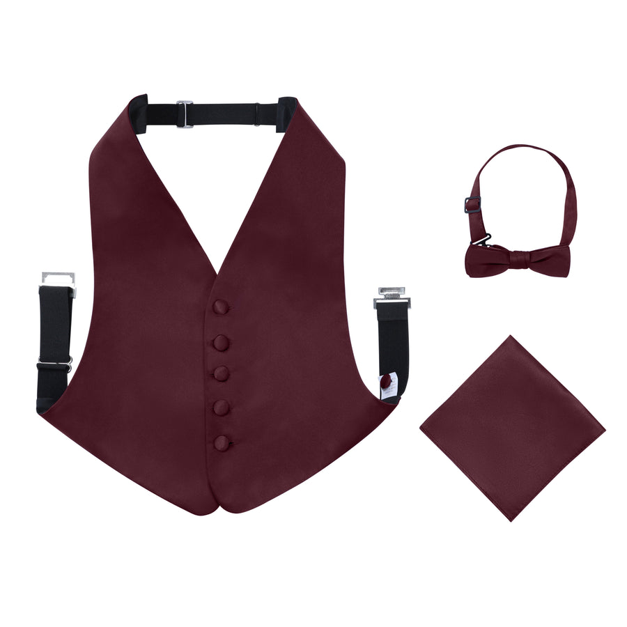 Boys 3 Piece Backless Formal Vest Set - Includes Vest, Bow Tie, Pocket Square for Tuxedo or Suit - Burgundy