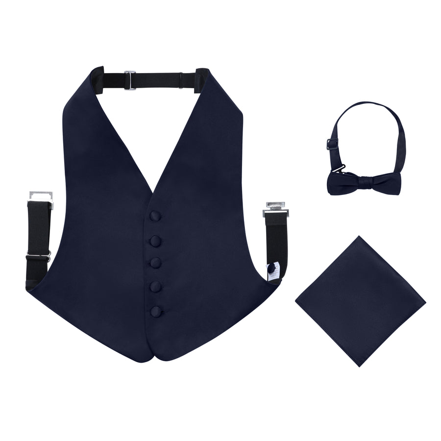 Boys 3 Piece Backless Formal Vest Set - Includes Vest, Bow Tie, Pocket Square for Tuxedo or Suit - Navy