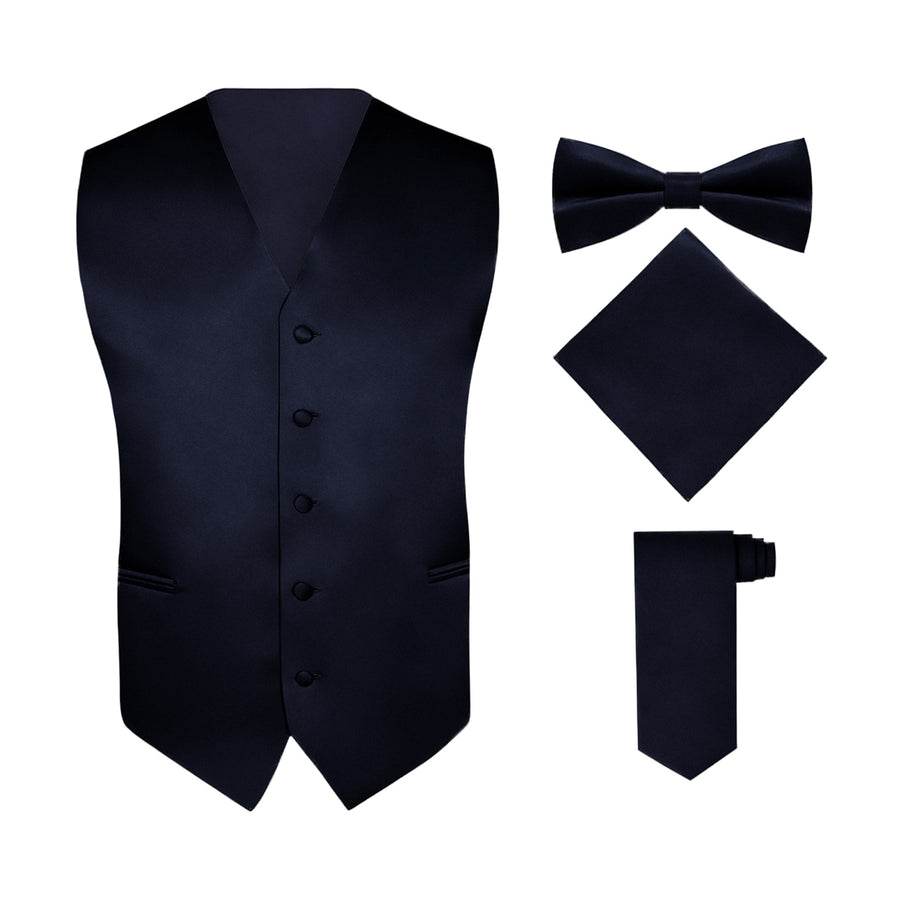 Men's Navy 4 Piece Vest Set, with Bow Tie, Neck Tie & Pocket Hankie