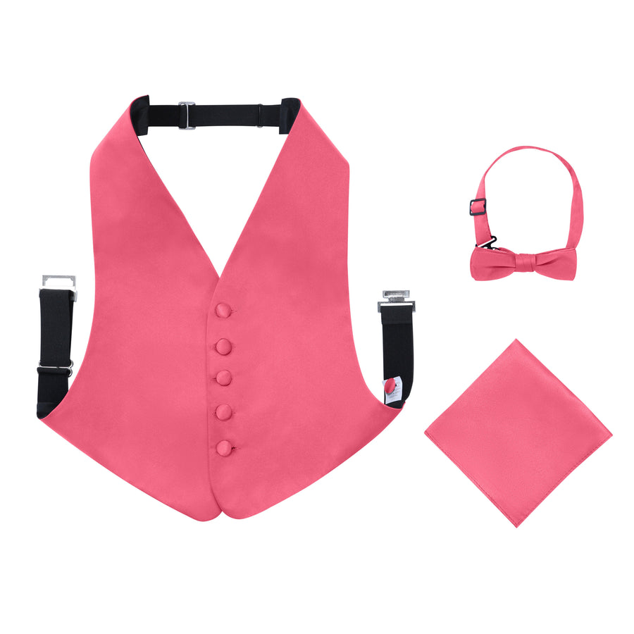 Boys 3 Piece Backless Formal Vest Set - Includes Vest, Bow Tie, Pocket Square for Tuxedo or Suit - Fuchsia