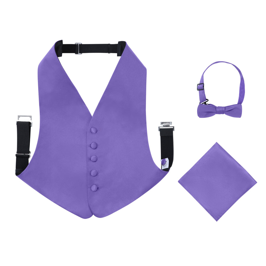 Boys 3 Piece Backless Formal Vest Set - Includes Vest, Bow Tie, Pocket Square for Tuxedo or Suit - Purple