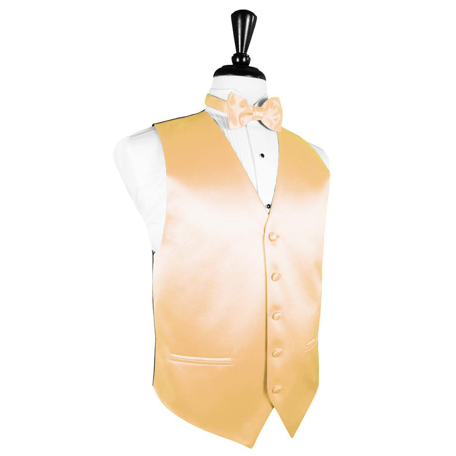 Dress Form Displaying a Apricot Premier Solid Satin Mens Wedding Vest and Tie