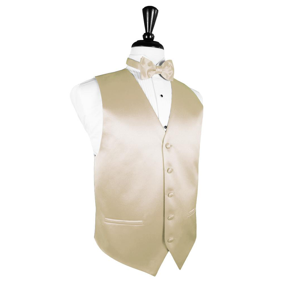Dress Form Displaying a Bamboo Solid Satin Mens Wedding Vest and Tie