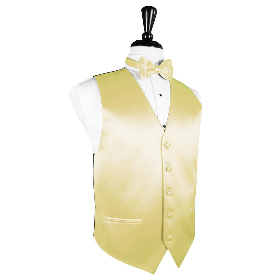 Dress Form Displaying a Banana Solid Satin Mens Wedding Vest and Tie