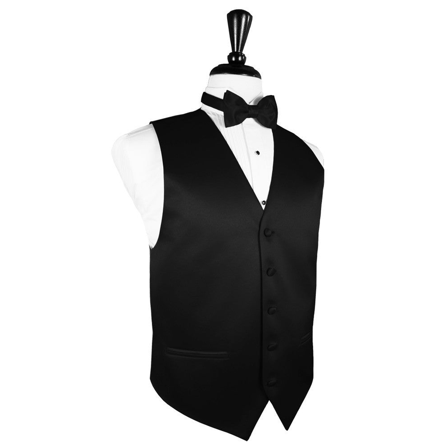 Dress Form Displaying a Black Solid Satin Mens Wedding Vest and Tie