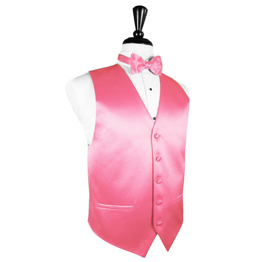 Dress Form Displaying a Bubblegum Solid Satin Mens Wedding Vest and Tie