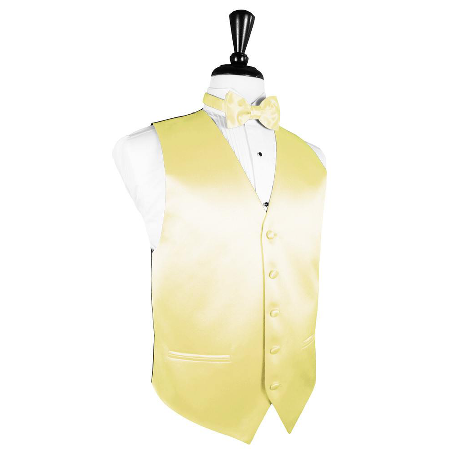 Dress Form Displaying a Canary Solid Satin Mens Wedding Vest and Tie