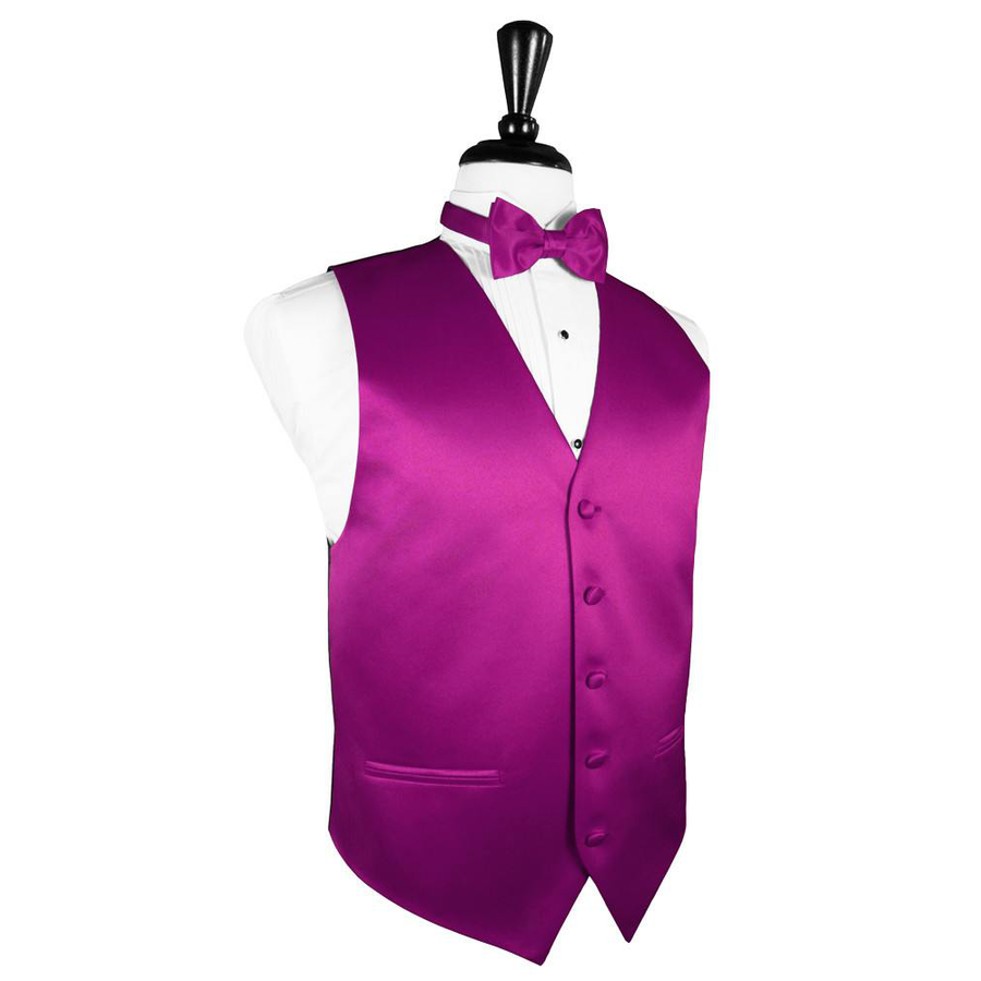 Dress Form Displaying a Fuchsia Solid Satin Mens Wedding Vest and Tie