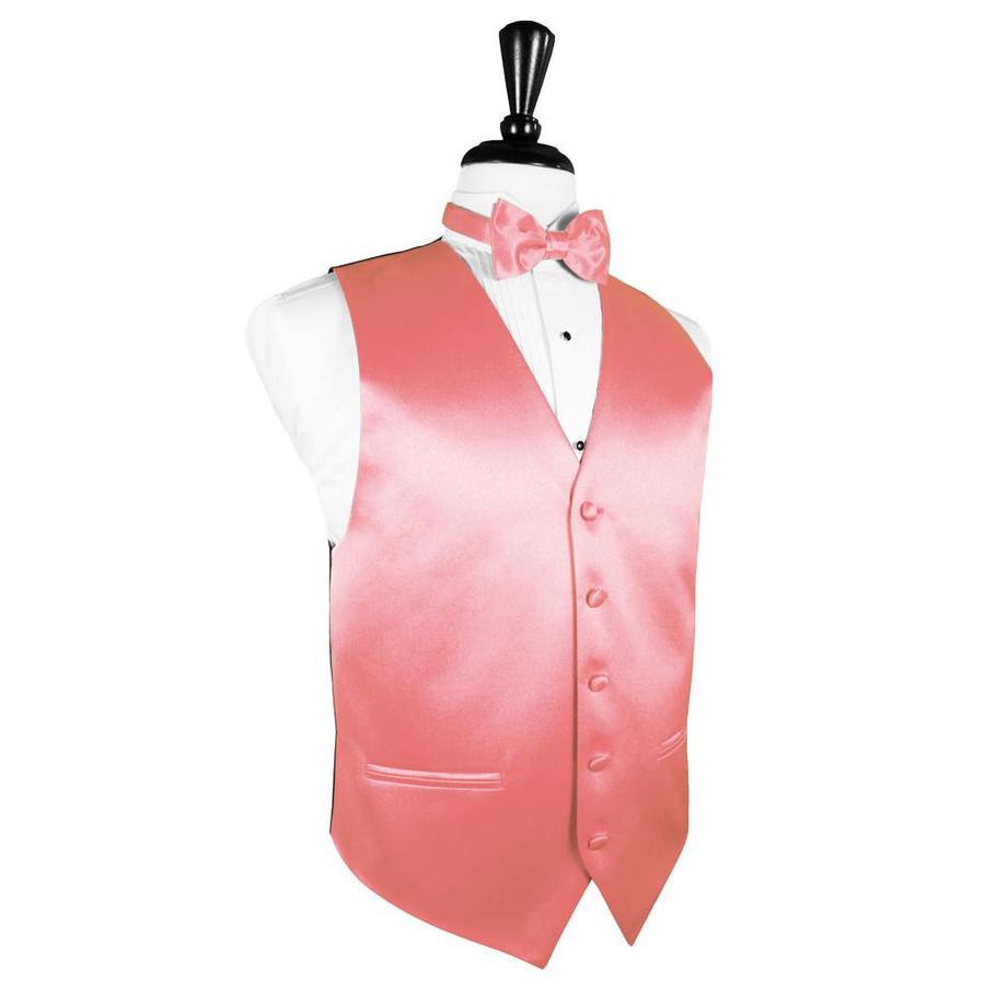 Dress Form Displaying a Guava Solid Satin Mens Wedding Vest and Tie