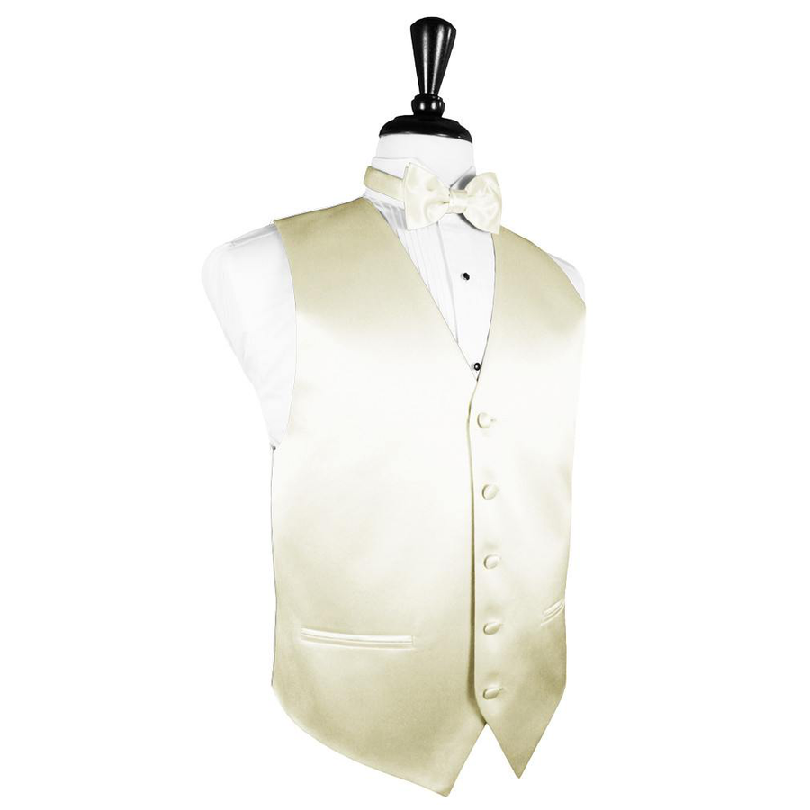 Dress Form Displaying a Ivory Solid Satin Mens Wedding Vest and Tie