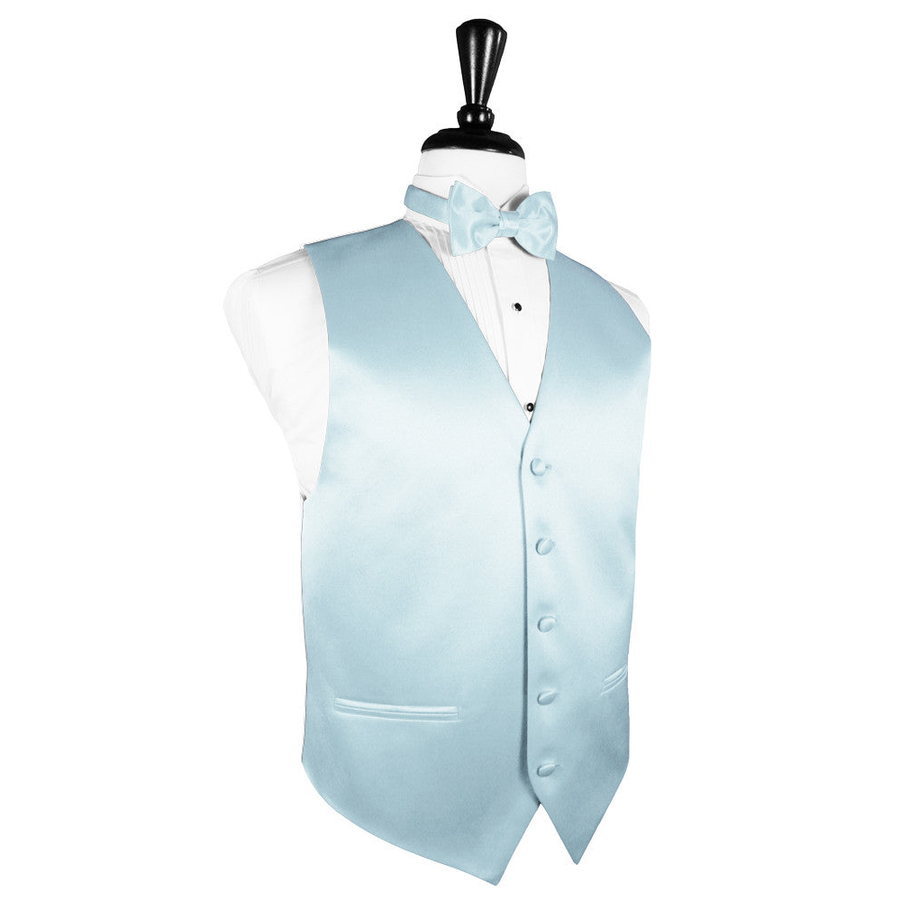 Dress Form Displaying a Light Blue Solid Satin Mens Wedding Vest and Tie