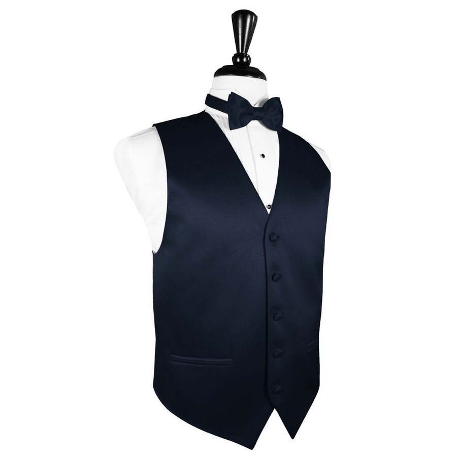 Dress Form Displaying a Midnight Blue Solid Satin Mens Wedding Vest and Tie