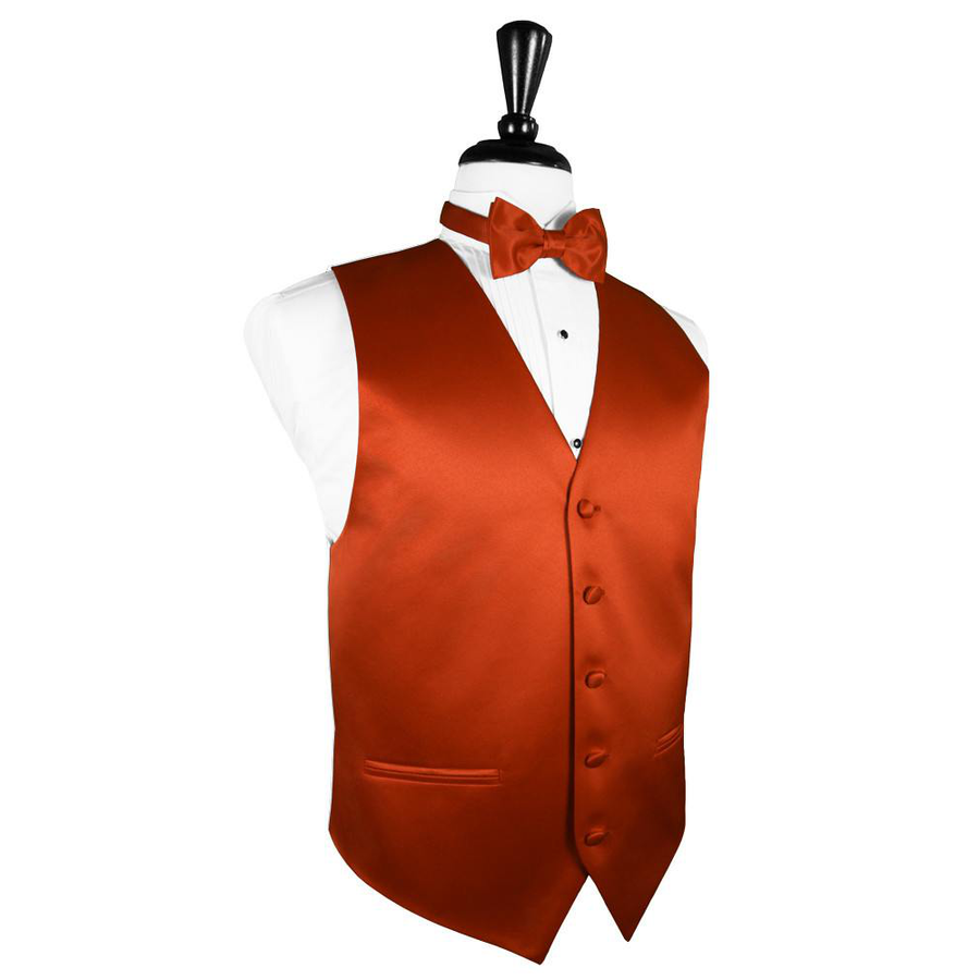 Dress Form Displaying a Persimmon Solid Satin Mens Wedding Vest and Tie