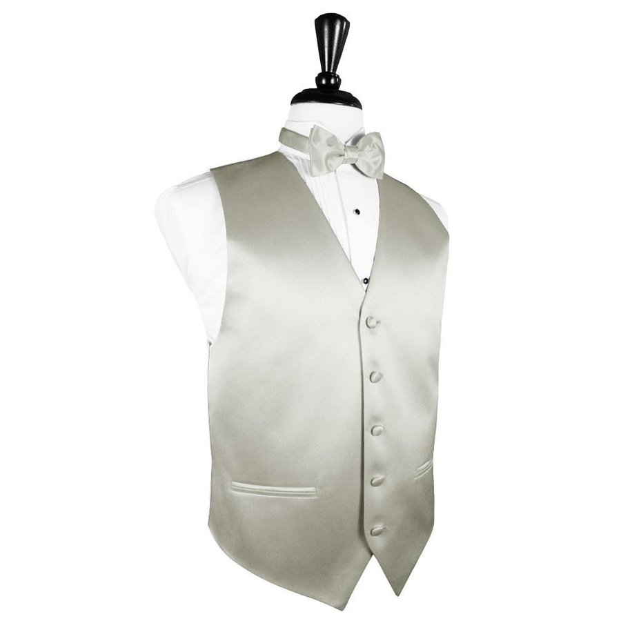 Dress Form Displaying a Platinum Solid Satin Mens Wedding Vest and Tie