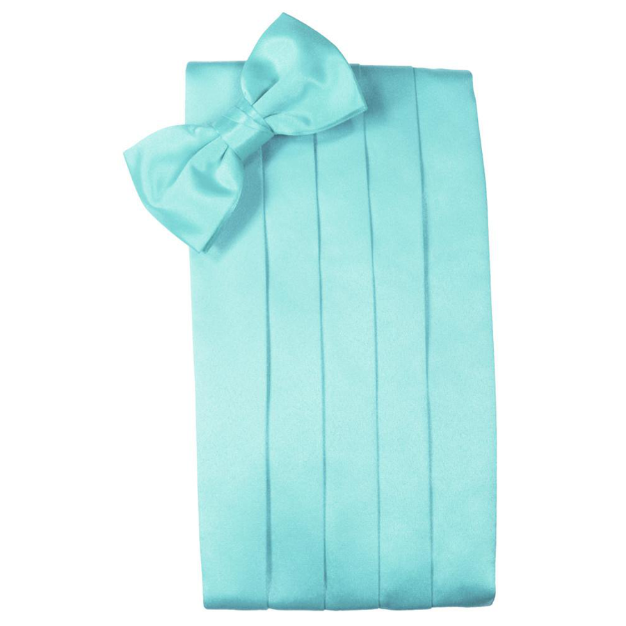 Mens Pool Blue Satin Bow Tie and Cummerbund Set