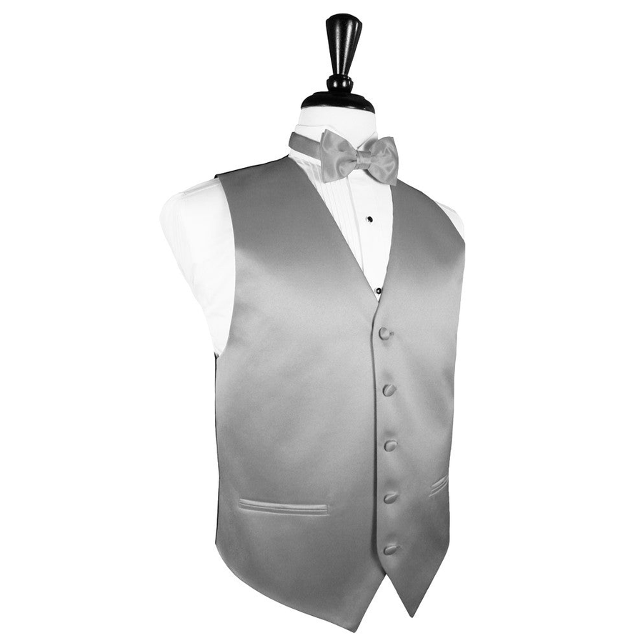 Dress Form Displaying a Silver Solid Satin Mens Wedding Vest and Tie