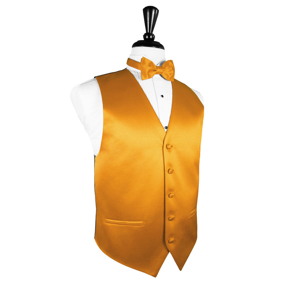 Dress Form Displaying a Tangerine Solid Satin Mens Wedding Vest and Tie
