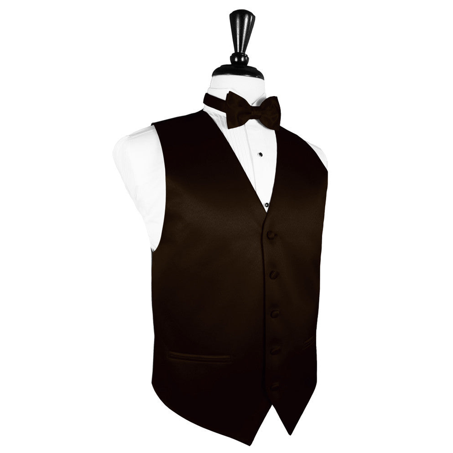 Dress Form Displaying a Truffle Solid Satin Mens Wedding Vest and Tie