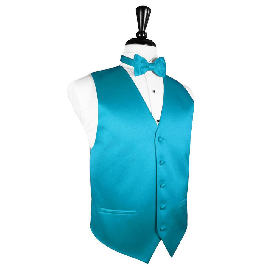 Dress Form Displaying a Turquoise Solid Satin Mens Wedding Vest and Tie