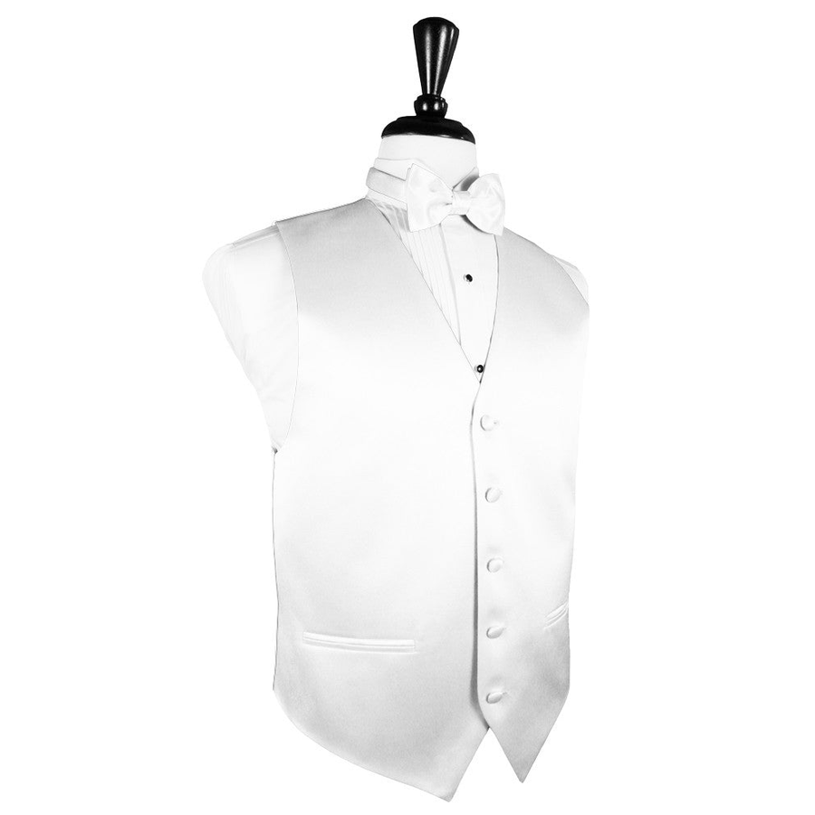 Dress Form Displaying a White Solid Satin Mens Wedding Vest and Tie