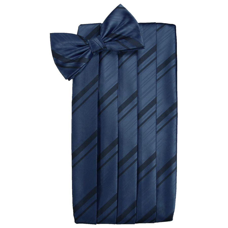 Mens Peacock Blue Striped Satin Bow Tie and Cummerbund Set
