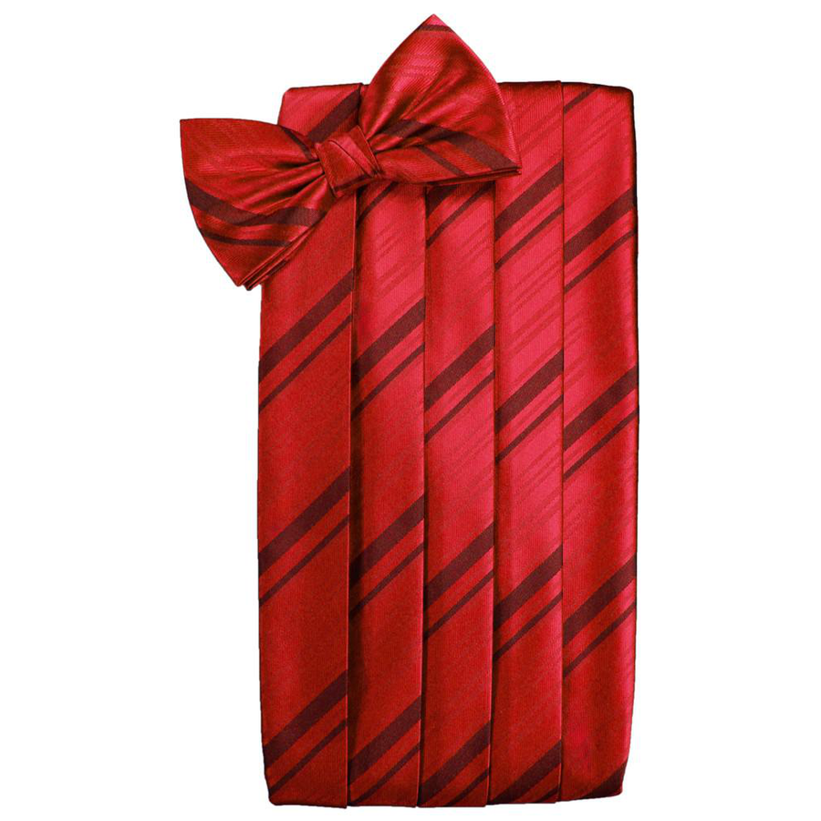 Mens Scarlet Red Striped Satin Bow Tie and Cummerbund Set