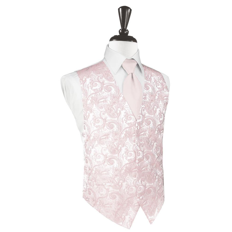 Dress Form Displaying A Blush Tapestry Mens Wedding Vest With Tie