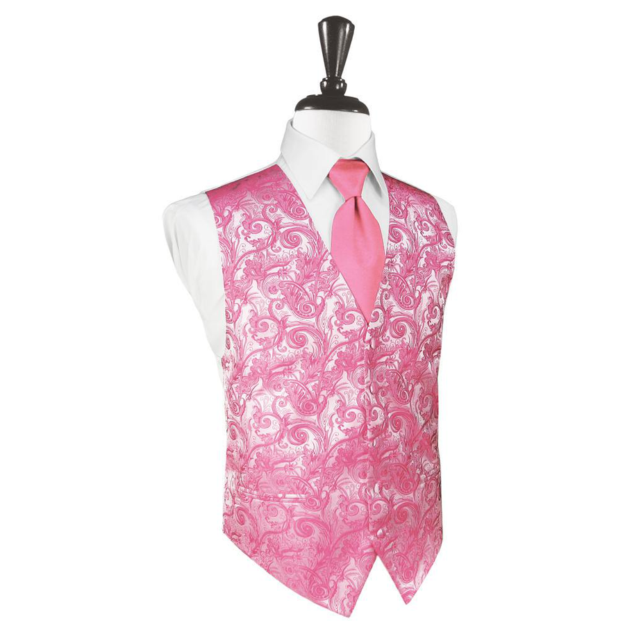 Dress Form Displaying A Bubblegum Tapestry Mens Wedding Vest With Tie