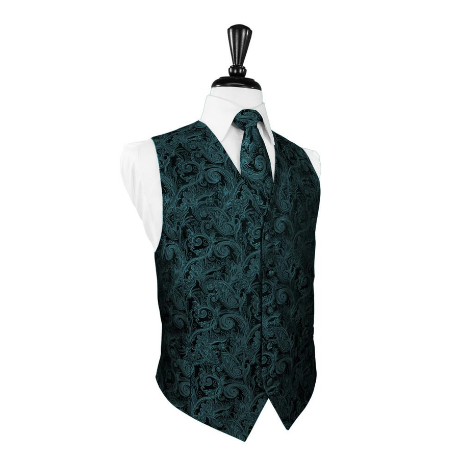 Dress Form Displaying A Jade Tapestry Mens Wedding Vest With Tie