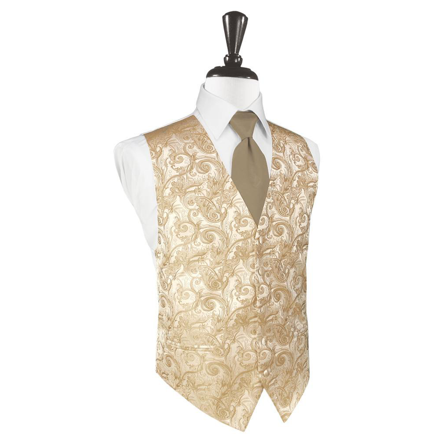 Dress Form Displaying A Latte Tapestry Mens Wedding Vest With Tie