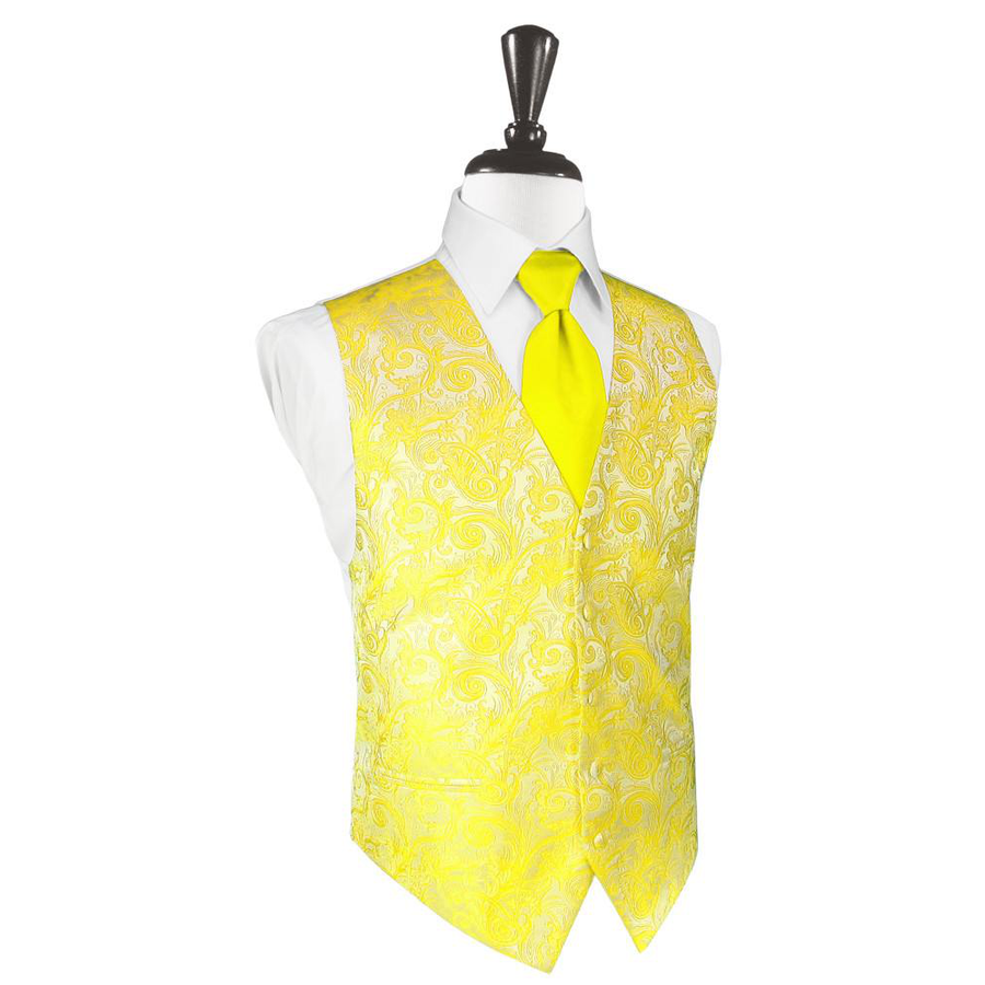 Dress Form Displaying A Lemon Tapestry Mens Wedding Vest With Tie