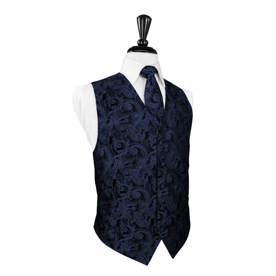 Dress Form Displaying A Midnight Blue Tapestry Mens Wedding Vest With Tie